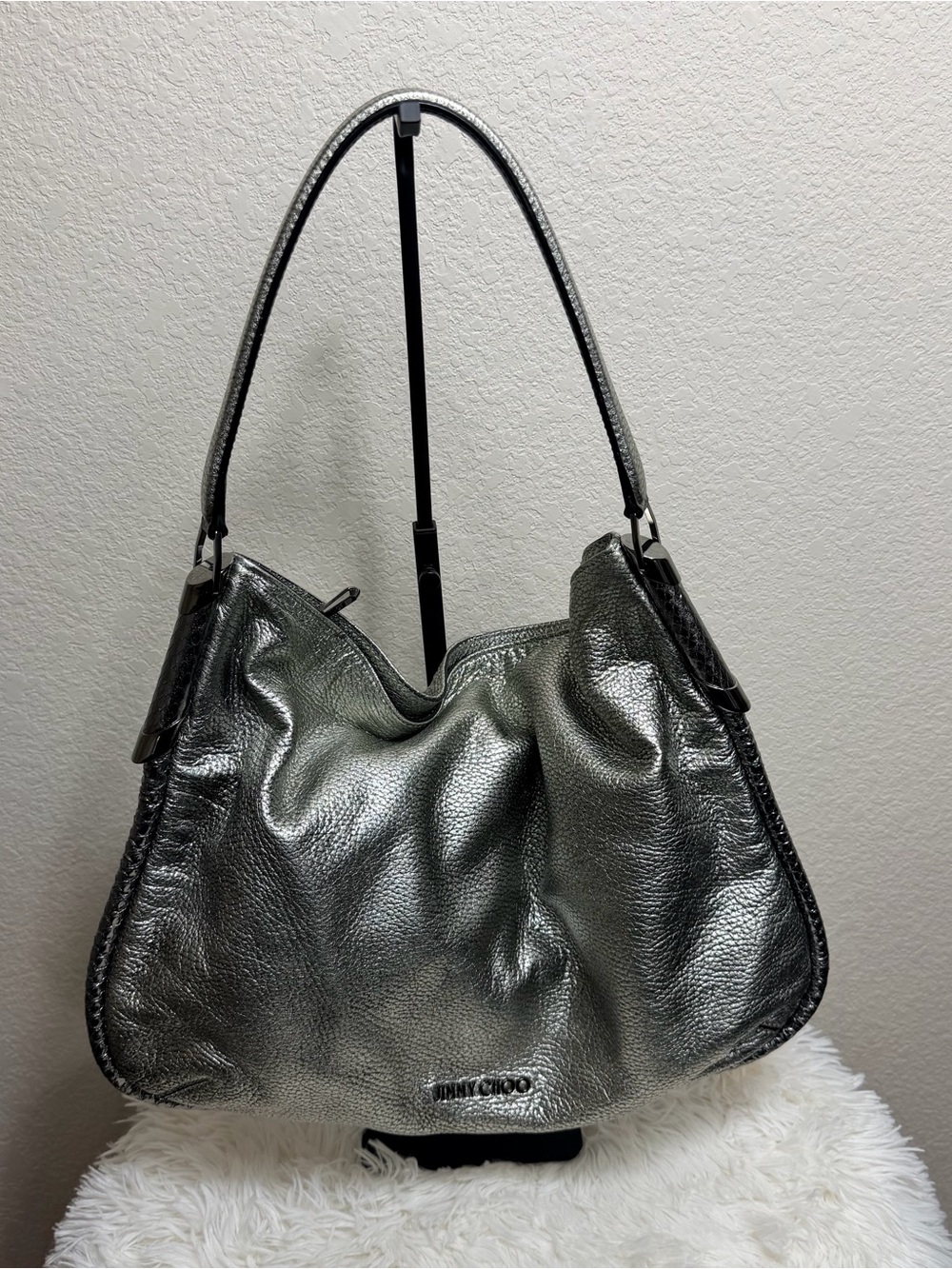 Jimmy Choo Zoe Silver Metallic Pebbled Leather Shoulder Hobo Bag w/COA